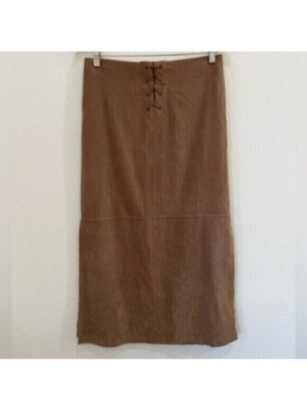 Y2K Vintage Faux Suede Maxi Skirt Lace Up Slit Neutral 90’s Western Tan